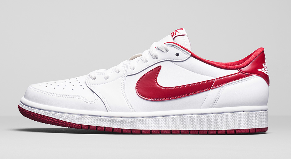white and red low top jordan 1